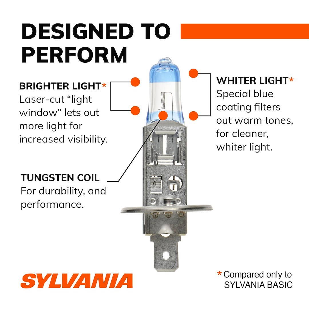 Sylvania Headlight Bulb, Silverstar Ultra, H1, Halogen Sealed Beam, 55 Watt, 12.8 Volt, White Beam Color, Set of 2, Blister Pack – H1SU.BP2