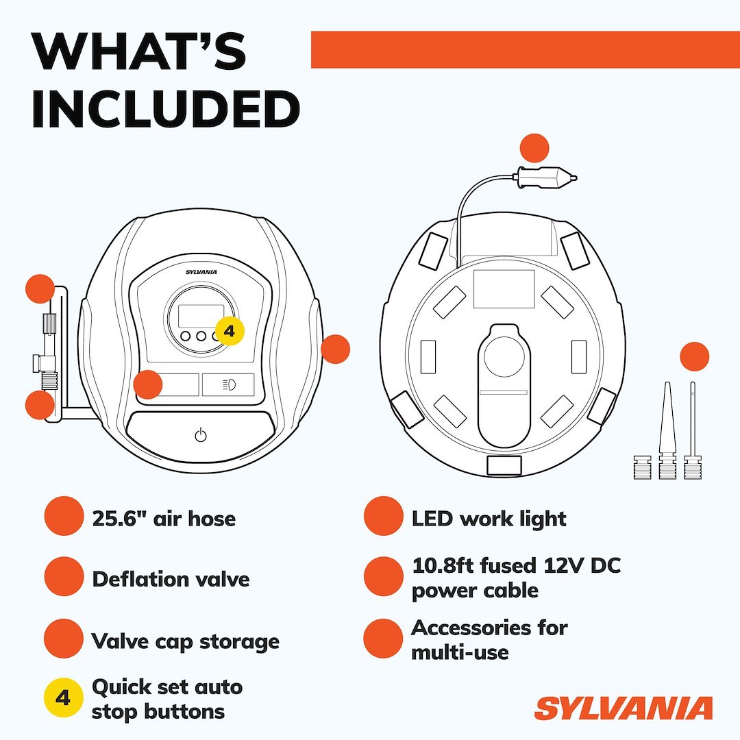Sylvania Tire Inflation Pump, Pro, Portable Hand Pump, 12.9 Foot Mobile Inflation Range, Digital Gauge Display – RTC600.BX