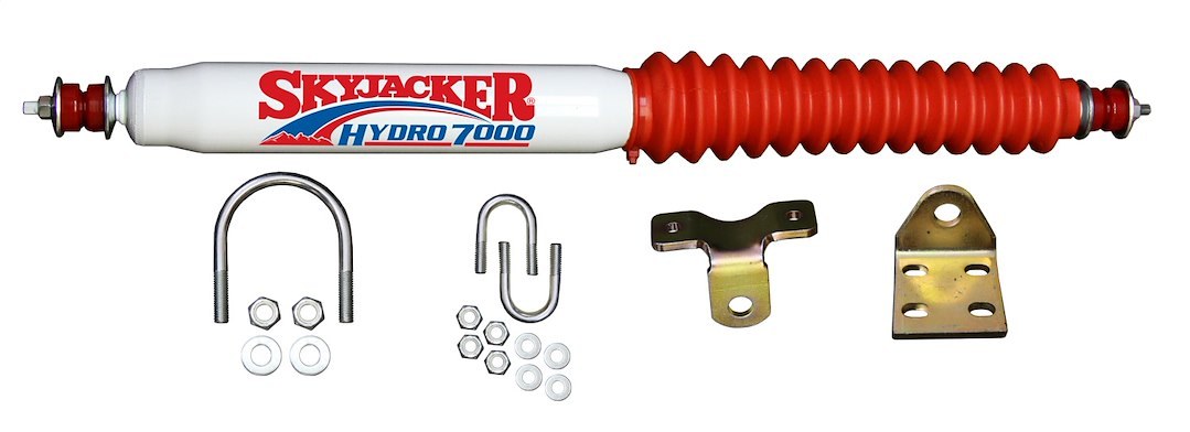 Skyjacker Steering Stabilizer, Single, White with Red Shock Boot, With Brackets, Mounts to OE Locations – 7100