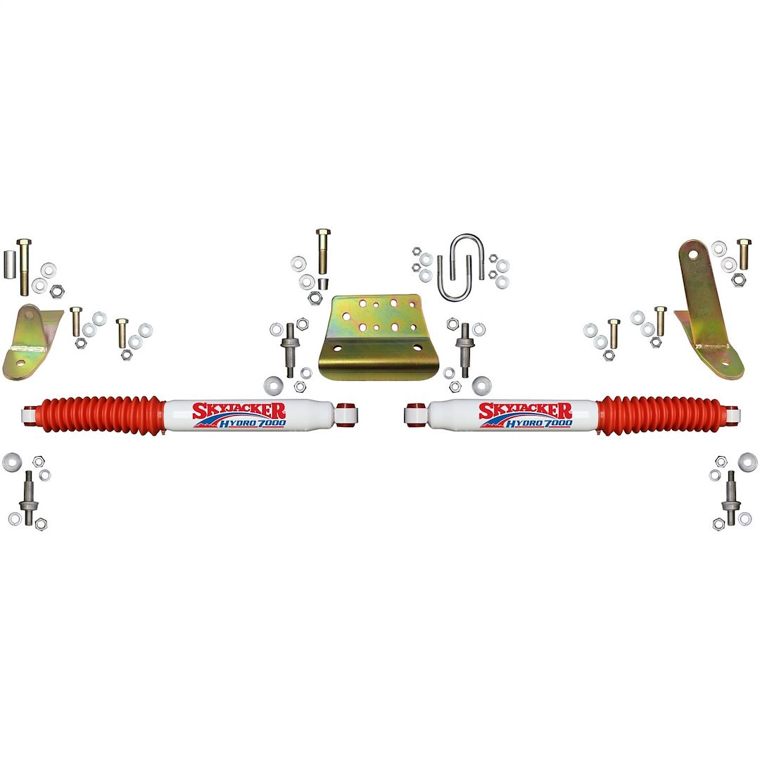 Skyjacker Steering Stabilizer, Dual, White Stabilizers, With Mounting Brackets/ Red Boots/ Installation Hardware, Set of 2 – 7213