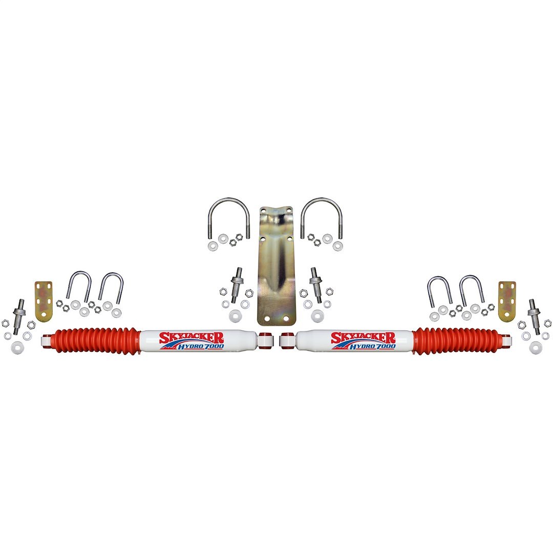 Skyjacker Steering Stabilizer, Dual, White Stabilizers, With Mounting Brackets/ Red Boots/ Installation Hardware, Set of 2 – 7220