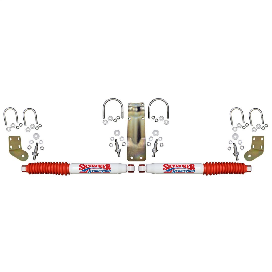 Skyjacker Steering Stabilizer, Hydro 7000, Dual, White with Red Shock Boots, With Brackets, Set of 2 – 7253
