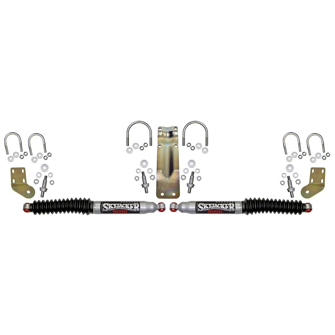 Skyjacker Steering Stabilizer, Monotube, Dual, Silver with Black Shock Boots, With Brackets, Set of 2 – 9253