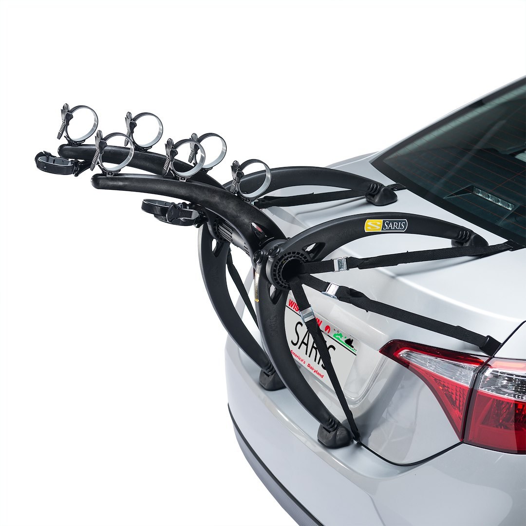 Saris Cyclin Bike Rack, Bones, Trunk/ Hatch Mount, Holds 3 Bikes, Up to 105 Pound Weight Capacity, Frame Clamp, Without Lock, Foldable, Black – 801BL