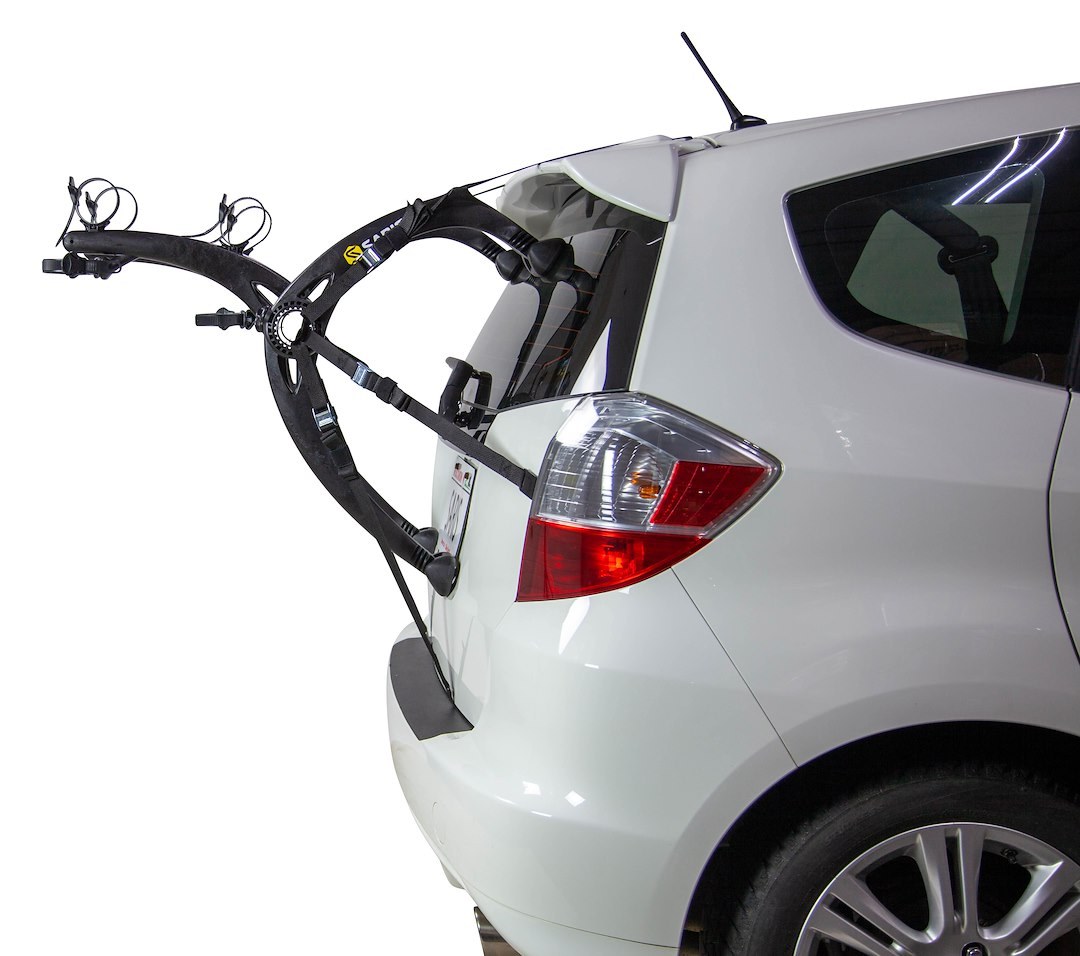Saris Cyclin Bike Rack, Bones Ex, Trunk/ Hatch Mount, Holds 2 Bikes, Up to 70 Pound Weight Capacity, Frame Clamp, Without Lock, Foldable, Black – 804