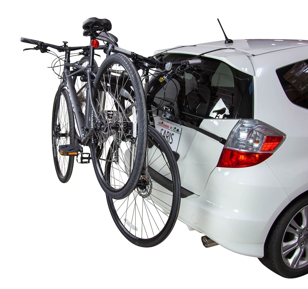 Saris Cyclin Bike Rack, Bones Ex, Trunk/ Hatch Mount, Holds 2 Bikes, Up to 70 Pound Weight Capacity, Frame Clamp, Without Lock, Foldable, Black – 804