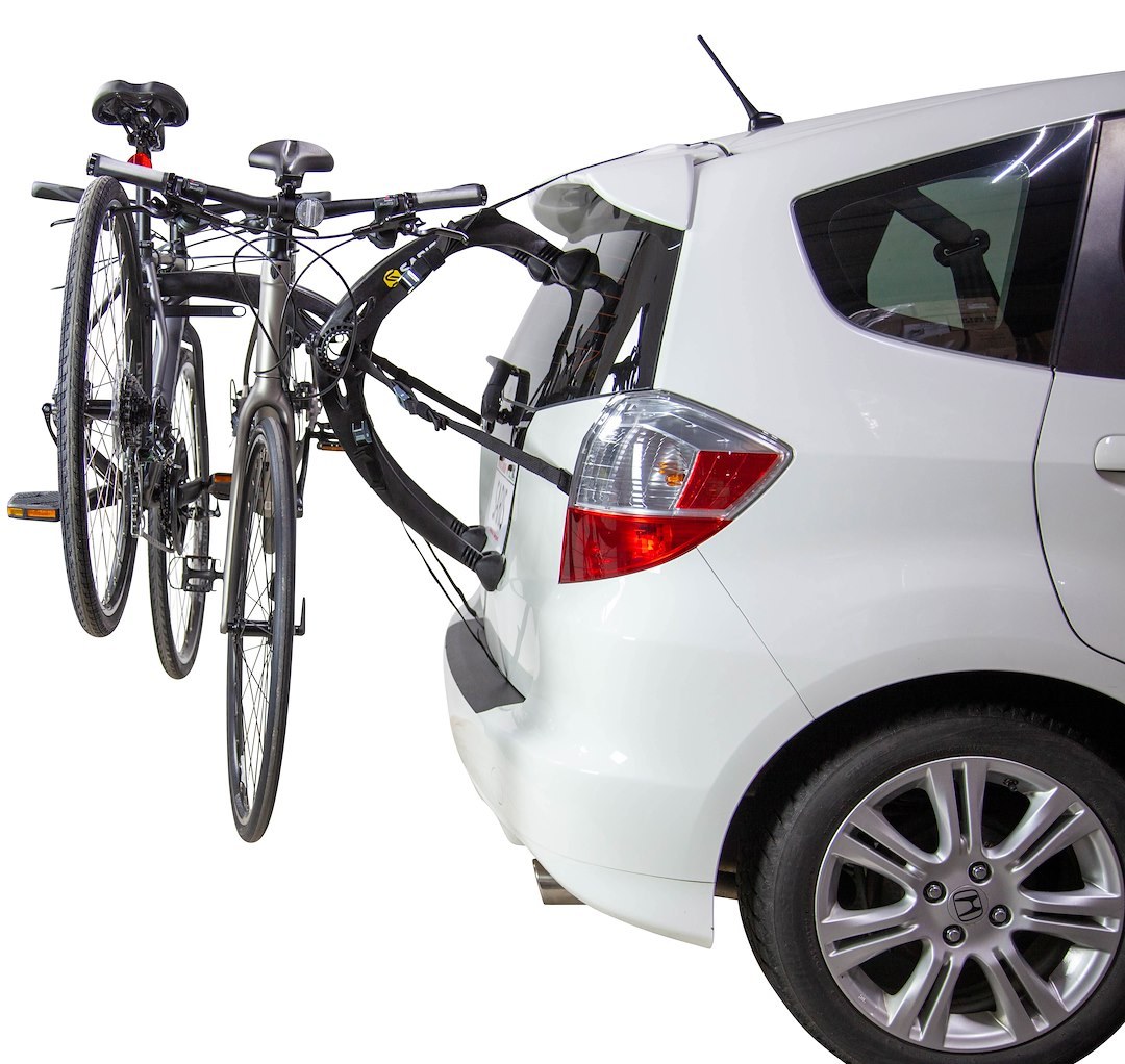 Saris Cyclin Bike Rack, Bones Ex, Trunk/ Hatch Mount, Holds 2 Bikes, Up to 70 Pound Weight Capacity, Frame Clamp, Without Lock, Foldable, Black – 804