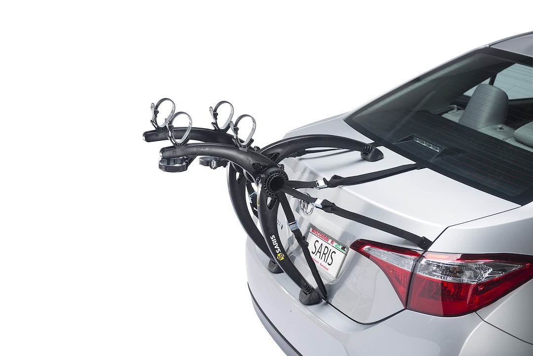 Saris Cyclin Bike Rack, Bones, Trunk/ Hatch Mount, Holds 2 Bikes, Up to 70 Pound Weight Capacity, Frame Clamp, Without Lock, Foldable, Black – 805BL