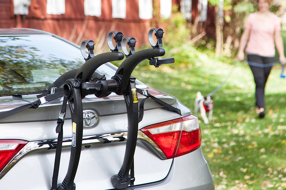Saris Cyclin Bike Rack, Bones, Trunk/ Hatch Mount, Holds 2 Bikes, Up to 70 Pound Weight Capacity, Frame Clamp, Without Lock, Foldable, Black – 805BL