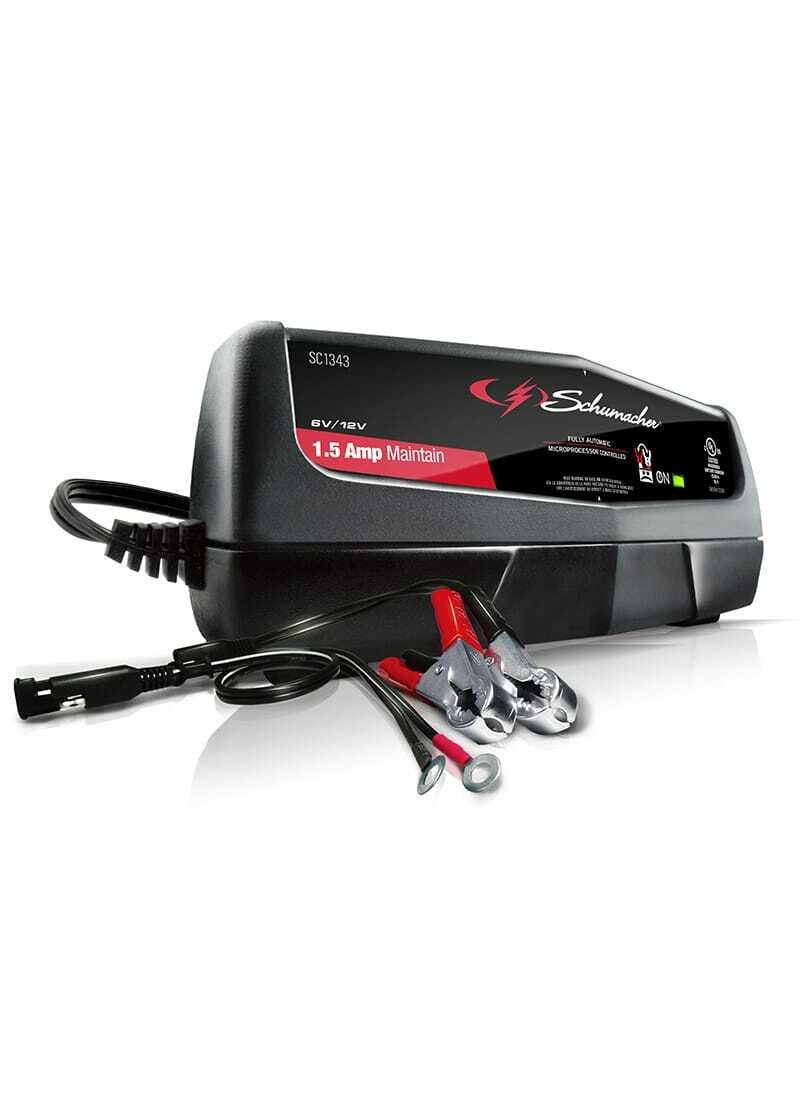 Schumacher Battery Charger, For 6 or 12 Volt Batteries, 1.5 Amp Charging Current, 5.88 Inch Length X 3-3/4 Inch Width X 8-3/4 Inch Height – SC1343