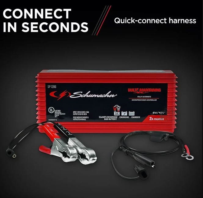 Schumacher Battery Charger, BUILT4CHARGING, For 6 or 12 Volt Batteries, 120 Volt Power Supply, 2 Amp Charging Current – SP1296