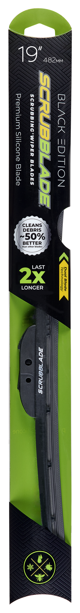 Scrubblade Windshield Wiper Blade, Black Edition, 19 Inch Length, Single Blade, Standard, Ceramic Coated Silicone Blade – BE1900