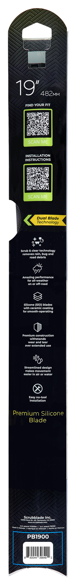 Scrubblade Windshield Wiper Blade, Black Edition, 19 Inch Length, Single Blade, Standard, Ceramic Coated Silicone Blade – BE1900