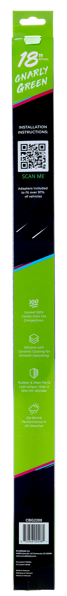 Scrubblade Windshield Wiper Blade, Shadeblade ®, 18 Inch Length, Single Blade, Gnarly Green, Standard, Ceramic Coated Silicone Blade – CBG1800