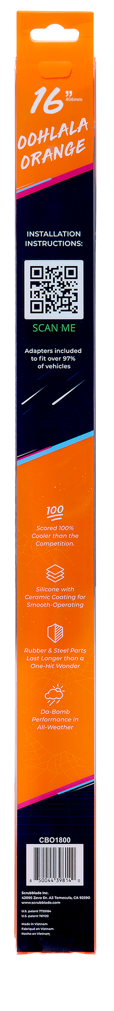 Scrubblade Windshield Wiper Blade, Shadeblade ®, 16 Inch Length, Single Blade, Oohlala Orange, Standard, Ceramic Coated Silicone Blade – CBO1600