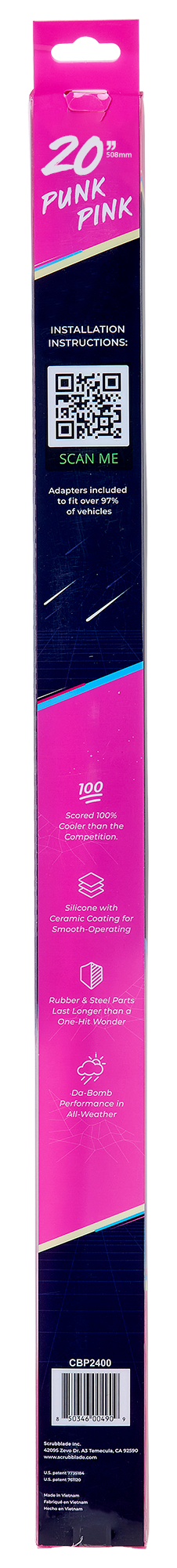 Scrubblade Windshield Wiper Blade, Shadeblade ®, 20 Inch Length, Single Blade, Punk Pink, Standard, Ceramic Coated Silicone Blade – CBP2000