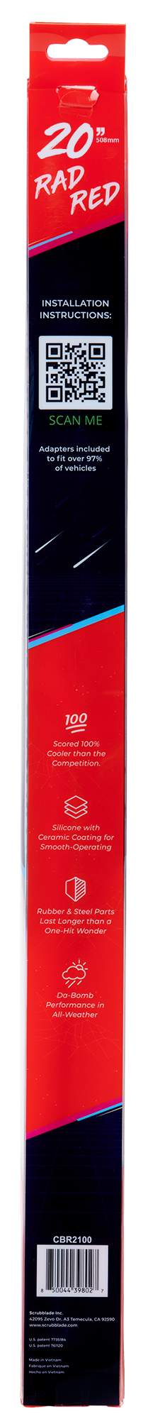 Scrubblade Windshield Wiper Blade, Shadeblade ®, 20 Inch Length, Single Blade, Rad Red, Standard, Ceramic Coated Silicone Blade – CBR2000