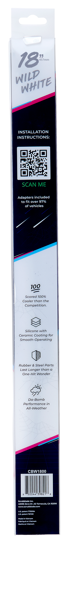 Scrubblade Windshield Wiper Blade, Shadeblade ®, 18 Inch Length, Single Blade, Wild White, Standard, Ceramic Coated Silicone Blade – CBW1800