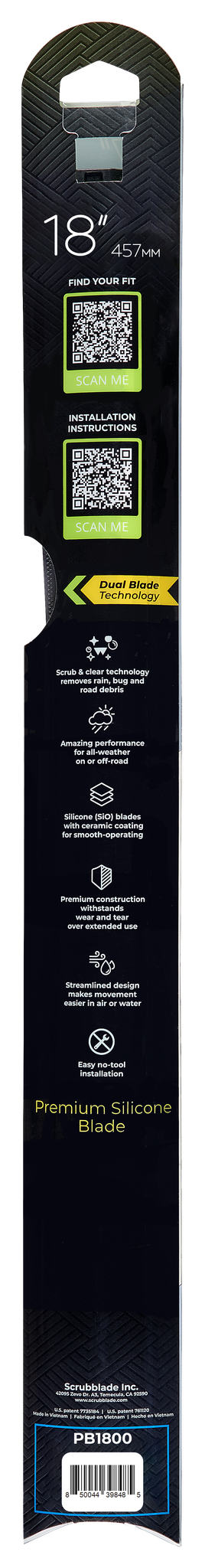Scrubblade Windshield Wiper Blade, Black Edition, 18 Inch Length, Single Blade, Without Spoiler, Standard, Ceramic Coated Silicone Blade – PB1800