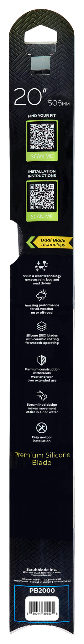 Scrubblade Windshield Wiper Blade, Black Edition, 20 Inch Length, Single Blade, Without Spoiler, Standard, Ceramic Coated Silicone Blade – PB2000