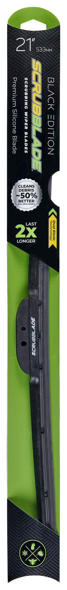 Scrubblade Windshield Wiper Blade, Black Edition, 21 Inch Length, Single Blade, Without Spoiler, Standard, Ceramic Coated Silicone Blade – PB2100