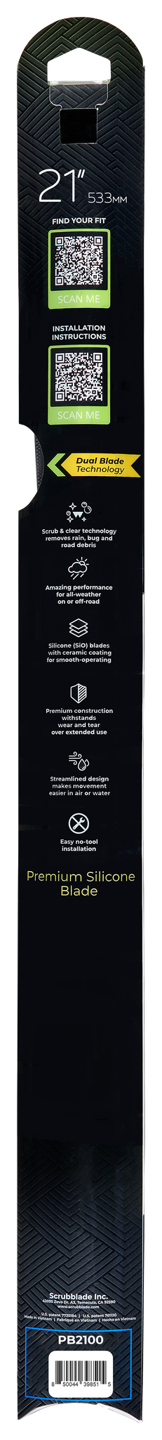 Scrubblade Windshield Wiper Blade, Black Edition, 21 Inch Length, Single Blade, Without Spoiler, Standard, Ceramic Coated Silicone Blade – PB2100