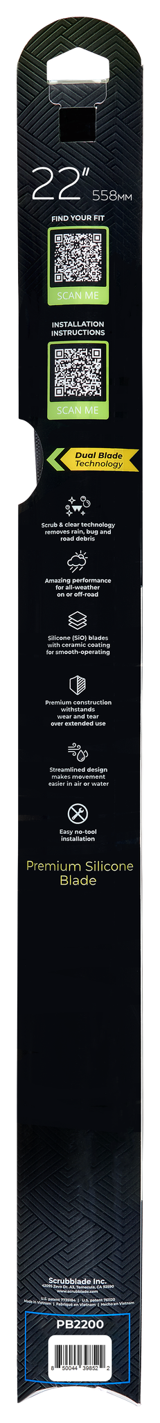 Scrubblade Windshield Wiper Blade, Black Edition, 22 Inch Length, Single Blade, Without Spoiler, Standard, Ceramic Coated Silicone Blade – PB2200