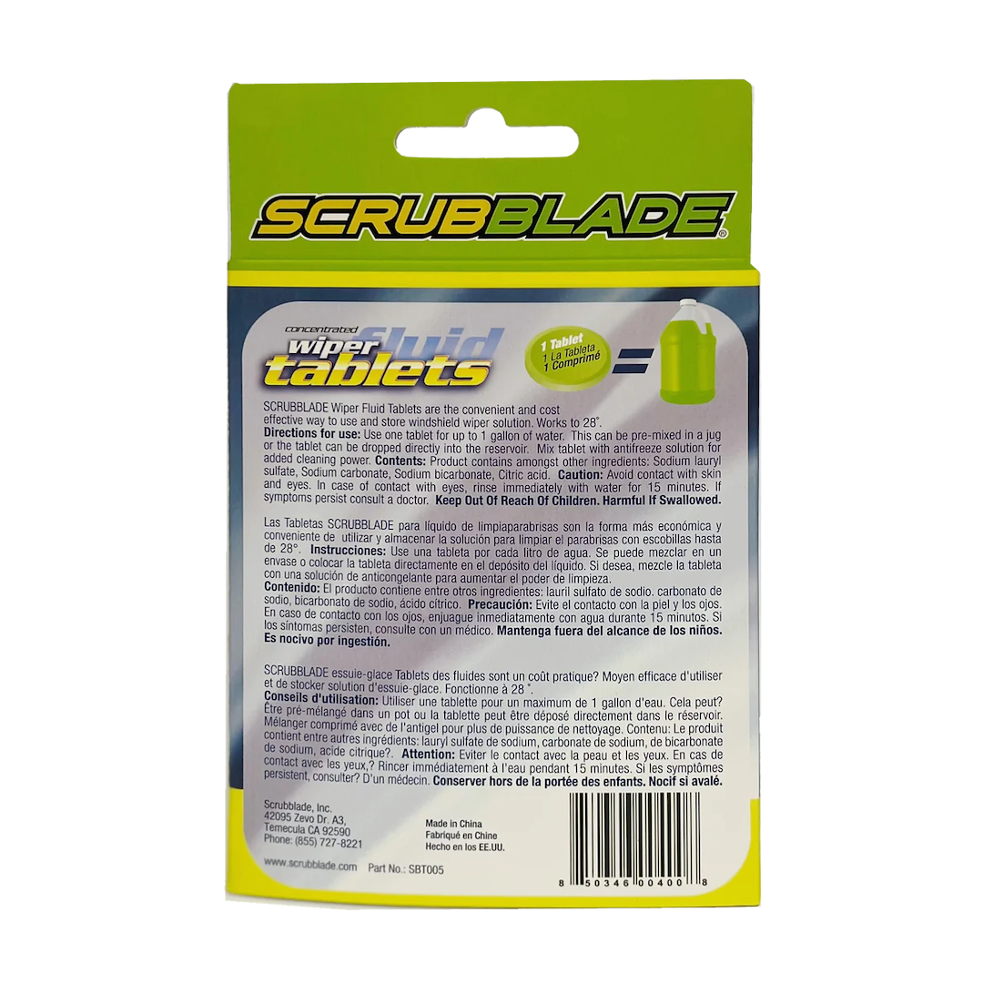 Scrubblade Windshield Washer Fluid, Remove Bugs/ Road Film/ Dirt and Grime, Effective to 28 Degree Fahrenheit, Green, 5 Tablets – SBT005