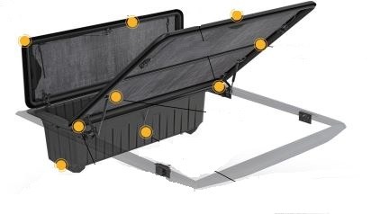 Stowe Cargo Tonneau Cover, Tilt-Up, Lockable, Black, Polyurea Coated Aluminum and Composite, With Crossover Single Lid Toolbox – F155010