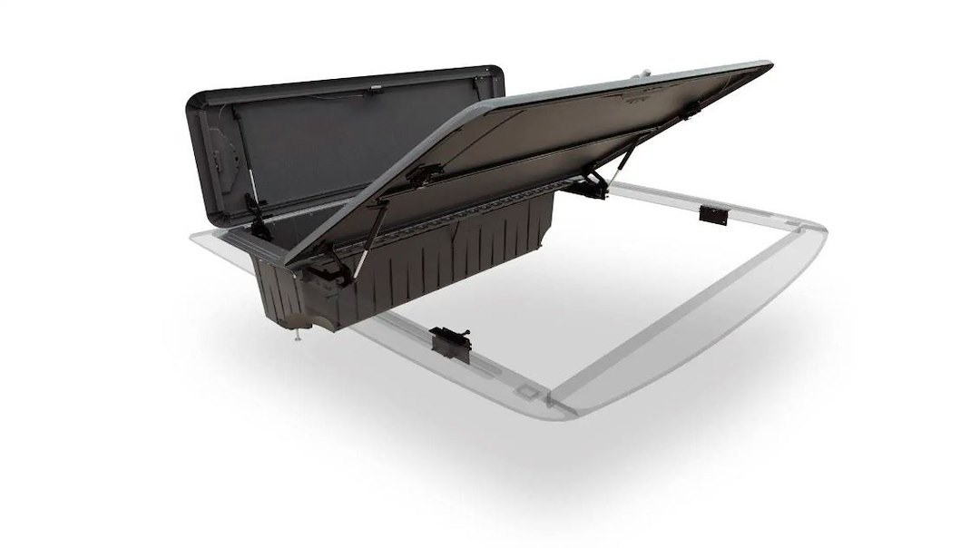 Stowe Cargo Tonneau Cover, Tilt-Up, Lockable, Black, Polyurea Coated Aluminum and Composite, With Crossover Single Lid Toolbox – F165010