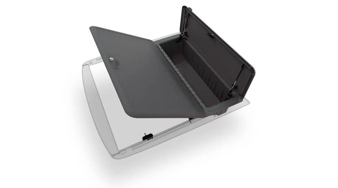 Stowe Cargo Tonneau Cover, Tilt-Up, Lockable, Black, Polyurea Coated Aluminum and Composite, With Crossover Single Lid Toolbox – F165010