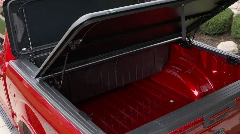 Stowe Cargo Tonneau Cover, Tilt-Up, Lockable, Black, Polyurea Coated Aluminum and Composite, With Crossover Single Lid Toolbox – F165010