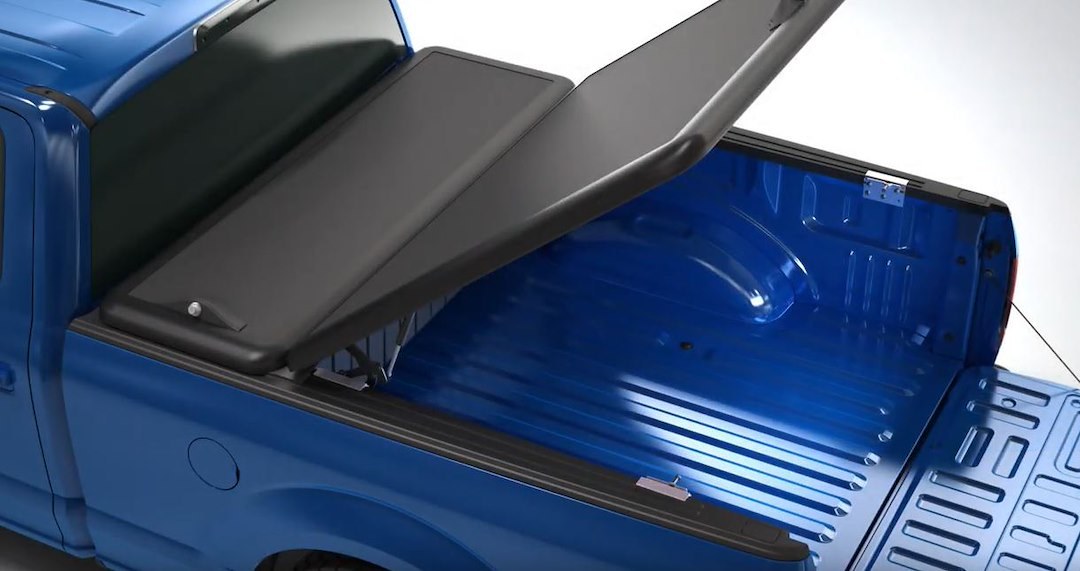 Stowe Cargo Tonneau Cover, Tilt-Up, Lockable, Black, Polyurea Coated Aluminum and Composite, With Crossover Single Lid Toolbox – G365009