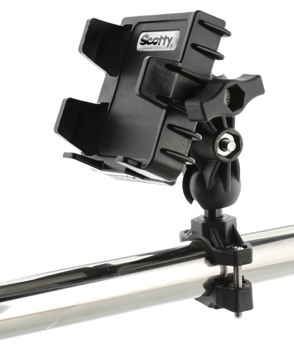 Scotty Inc. Cell Phone Mount, Fits 2-3/4 to 3-3/4 Inch Width Cell Phone, Dual Ball Joint, 7/8 to 1-1/4 Post/ Track/ Rail Mount, Black – 0139