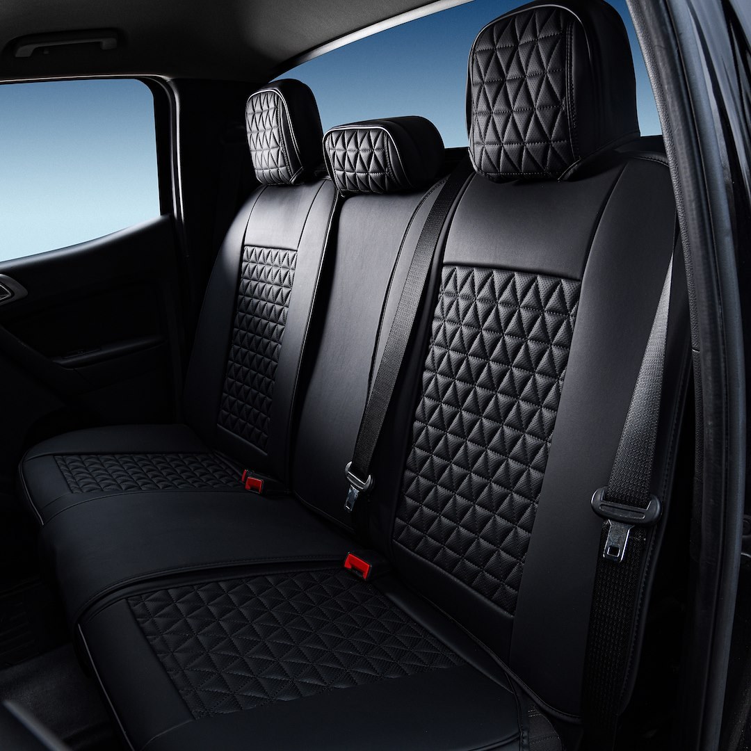 Seat Cvr Sol Seat Cover, Luxury, Front Bucket and Rear 60/40 Split Back Bench with 3 Adjustable Headrests, Diamond Perforation Design – 03SBL