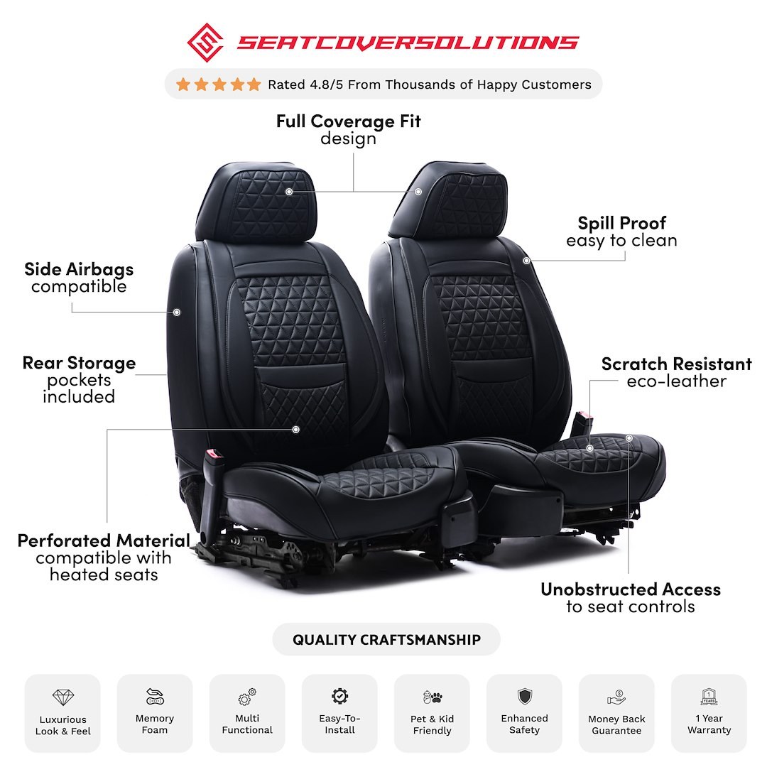 Seat Cvr Sol Seat Cover, Luxury, Front Bucket and Rear 60/40 Split Back Bench with 3 Adjustable Headrests, Diamond Perforation Design – 10SBL