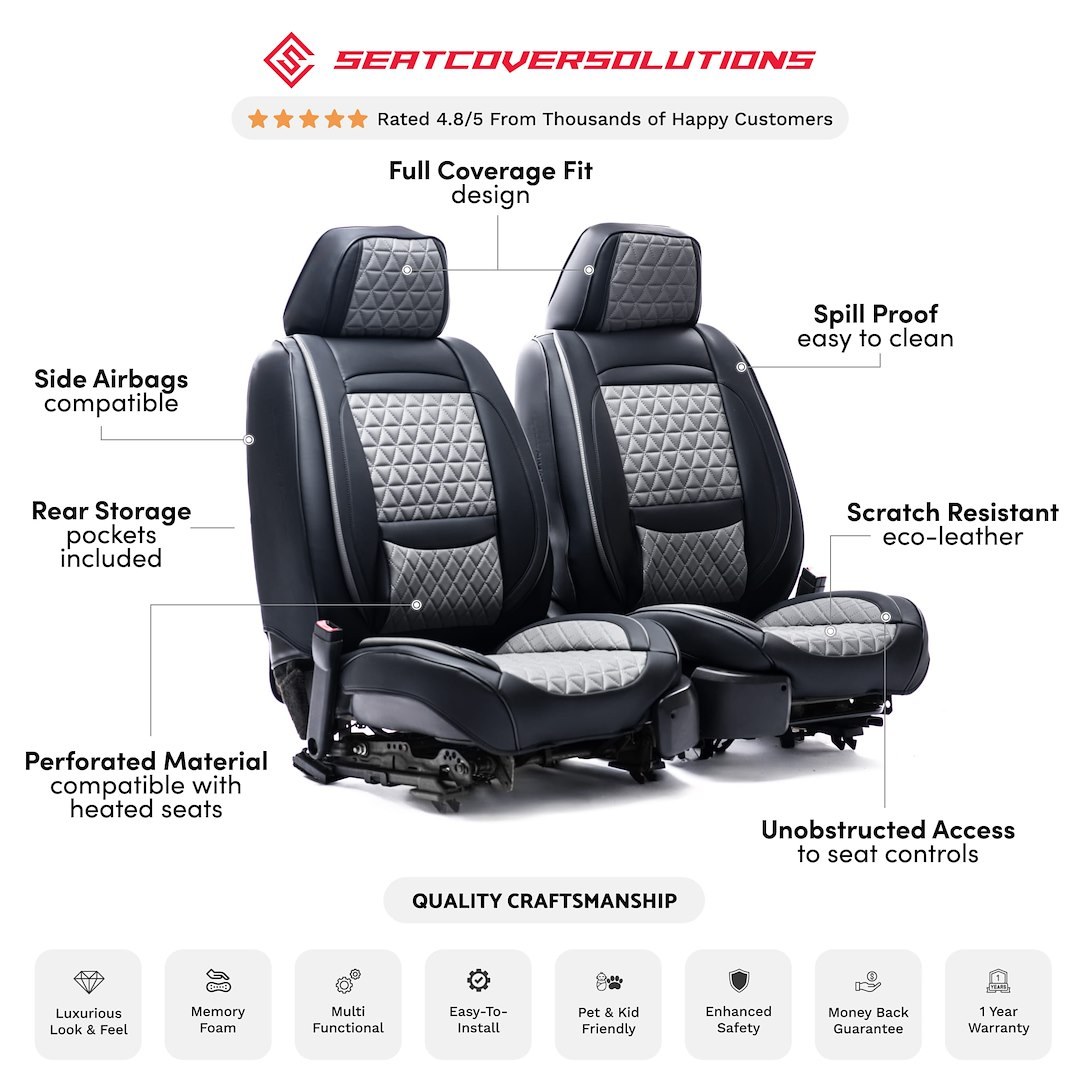 Seat Cvr Sol Seat Cover, Luxury, Front Bucket and Rear 60/40 Split Back Bench with 3 Adjustable Headrests, Diamond Perforation Design – 12SBG