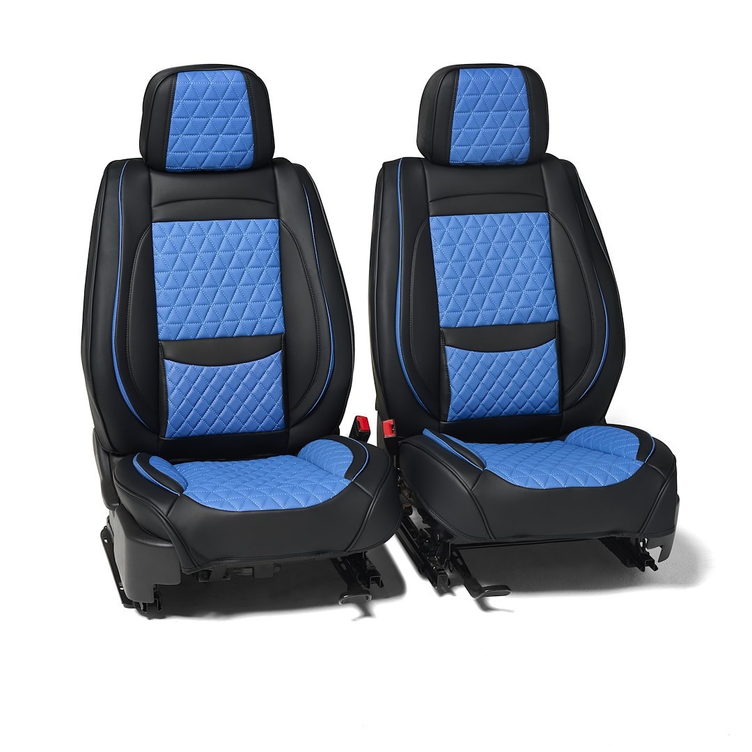 Seat Cvr Sol Seat Cover, Luxury, Bucket with Adjustable Headrests, Diamond Perforation Design, Leather with Memory Foam, Black/ Blue, Set of 2 – FFFBB