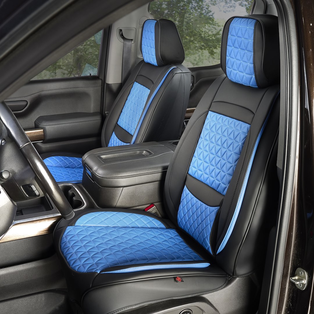Seat Cvr Sol Seat Cover, Luxury, Bucket with Adjustable Headrests, Diamond Perforation Design, Leather with Memory Foam, Black/ Blue, Set of 2 – FFFBB
