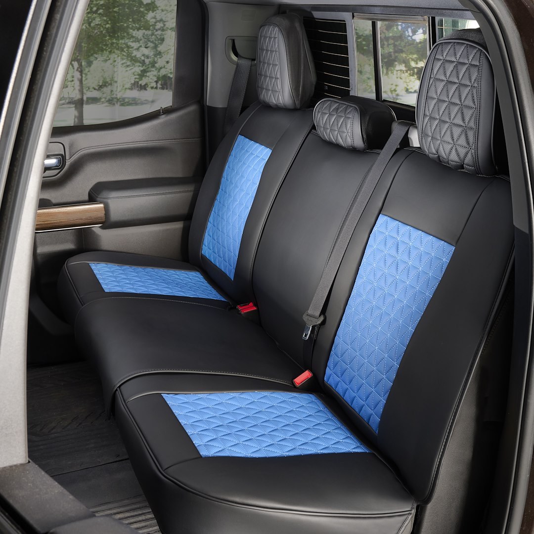 Seat Cvr Sol Seat Cover, Luxury, Bucket with Adjustable Headrests, Diamond Perforation Design, Leather with Memory Foam, Black/ Blue, Set of 2 – FFFBB