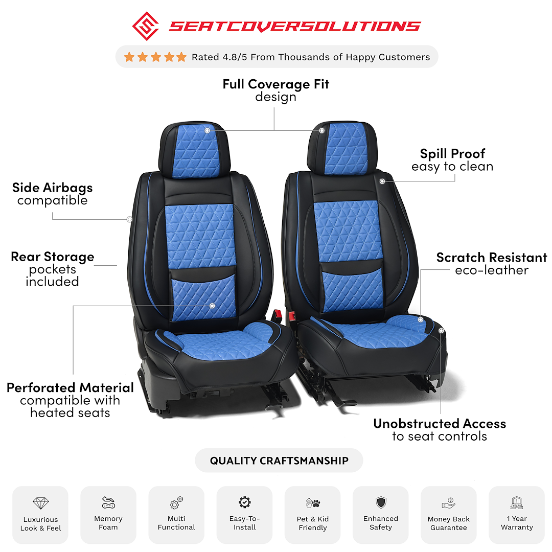 Seat Cvr Sol Seat Cover, Luxury, Bucket with Adjustable Headrests, Diamond Perforation Design, Leather with Memory Foam, Black/ Blue, Set of 2 – FFFBB