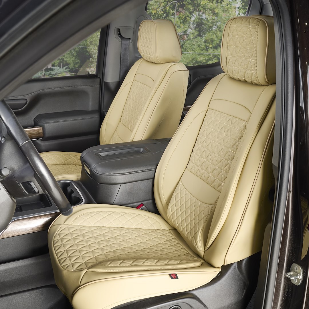 Seat Cvr Sol Seat Cover, Luxury, Bucket with Adjustable Headrests, Diamond Perforation Design, Leather with Memory Foam, Beige, Set of 2 – FFFBE