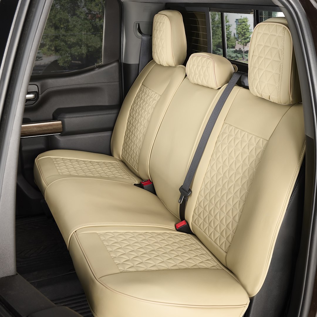 Seat Cvr Sol Seat Cover, Luxury, Bucket with Adjustable Headrests, Diamond Perforation Design, Leather with Memory Foam, Beige, Set of 2 – FFFBE