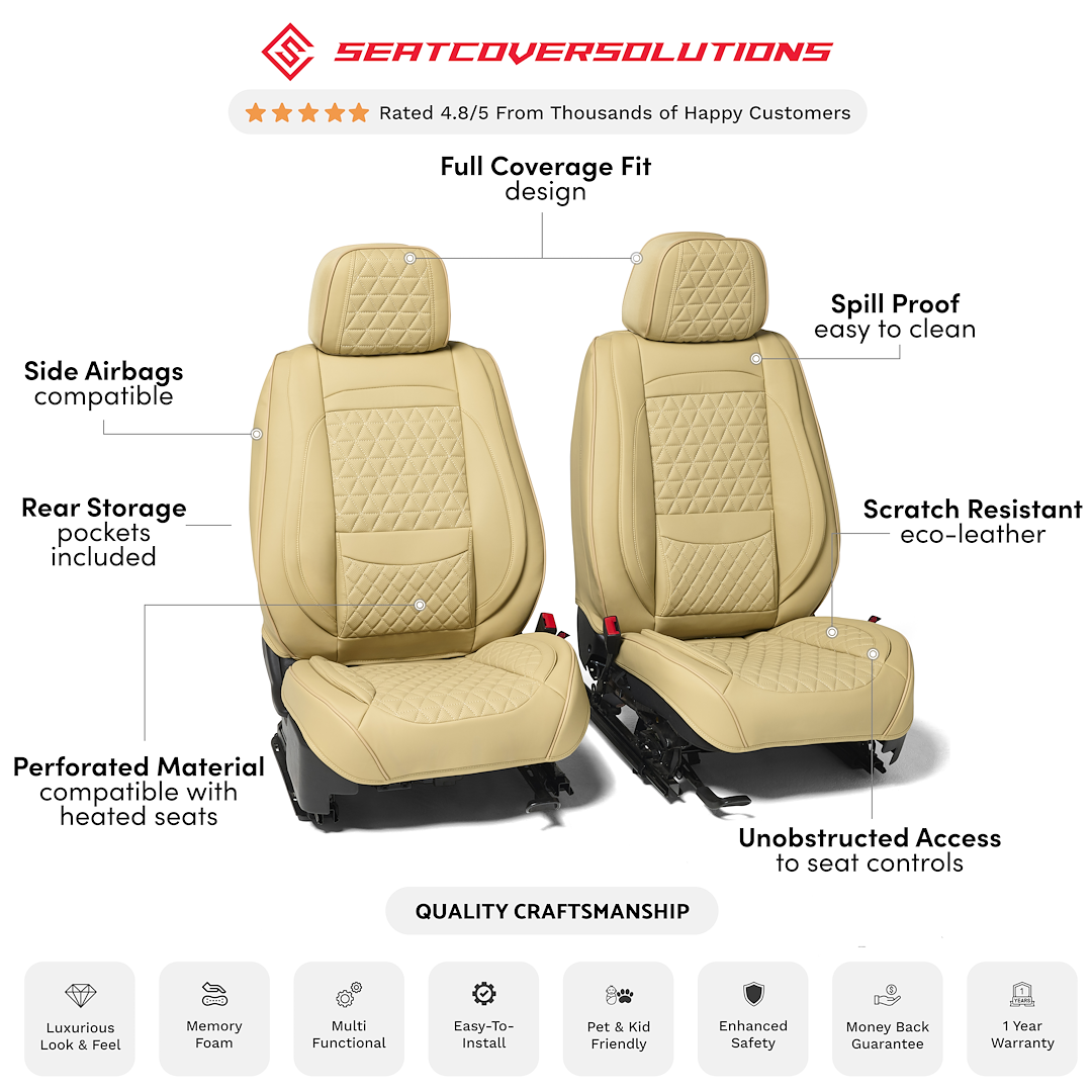 Seat Cvr Sol Seat Cover, Luxury, Bucket with Adjustable Headrests, Diamond Perforation Design, Leather with Memory Foam, Beige, Set of 2 – FFFBE