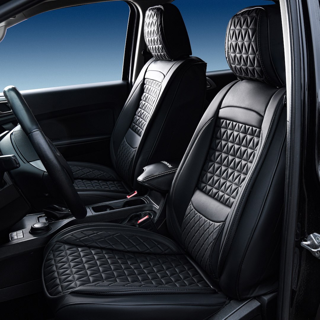 Seat Cvr Sol Seat Cover, Luxury, Bucket with Adjustable Headrests, Diamond Perforation Design, Leather with Memory Foam, Black, Set of 2 – FFFBL