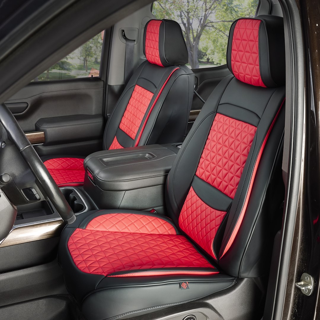 Seat Cvr Sol Seat Cover, Luxury, Bucket with Adjustable Headrests, Diamond Perforation Design, Leather with Memory Foam, Black/ Red, Set of 2 – FFFBR
