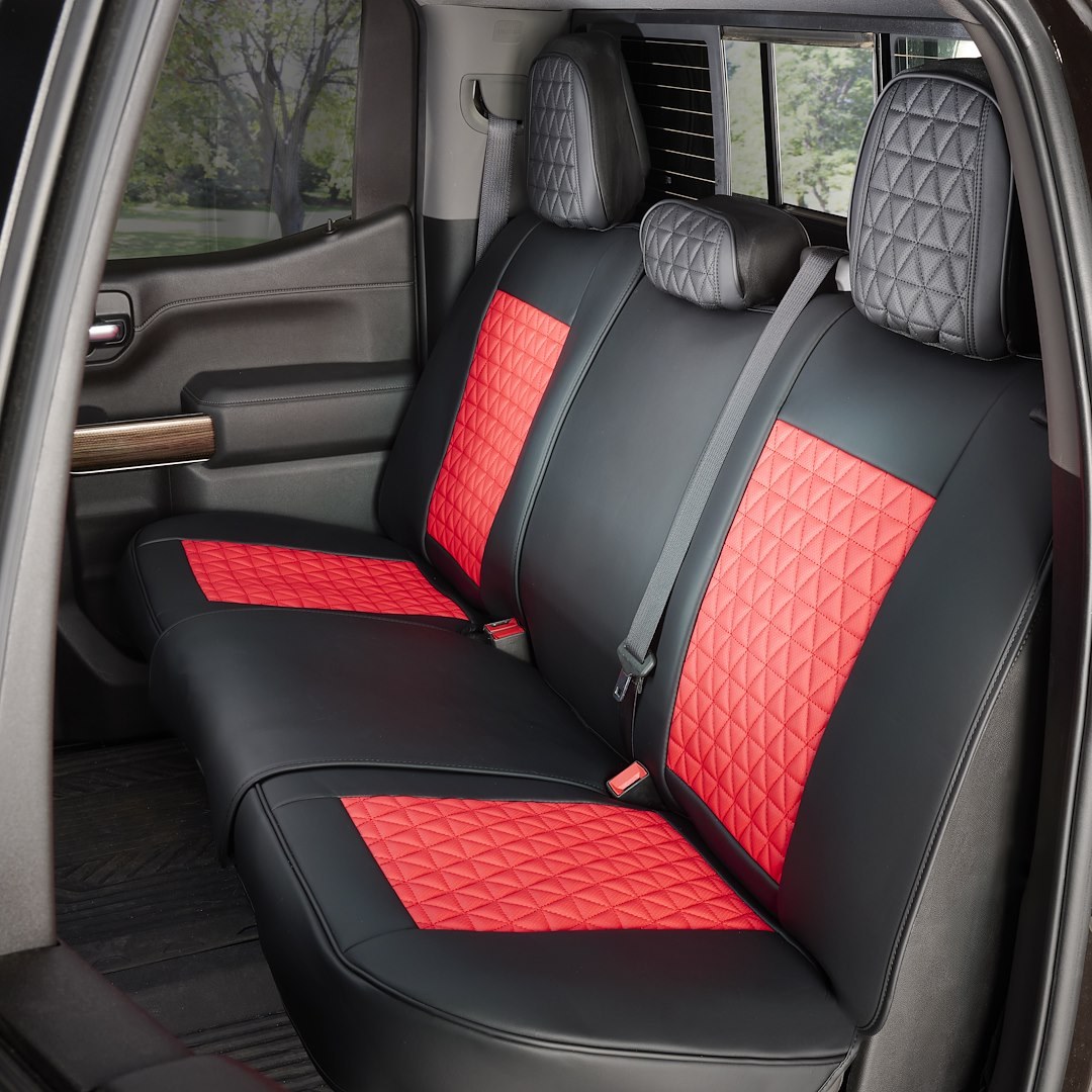 Seat Cvr Sol Seat Cover, Luxury, Bucket with Adjustable Headrests, Diamond Perforation Design, Leather with Memory Foam, Black/ Red, Set of 2 – FFFBR