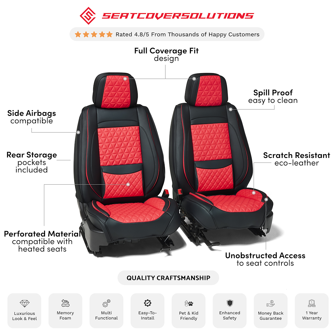 Seat Cvr Sol Seat Cover, Luxury, Bucket with Adjustable Headrests, Diamond Perforation Design, Leather with Memory Foam, Black/ Red, Set of 2 – FFFBR