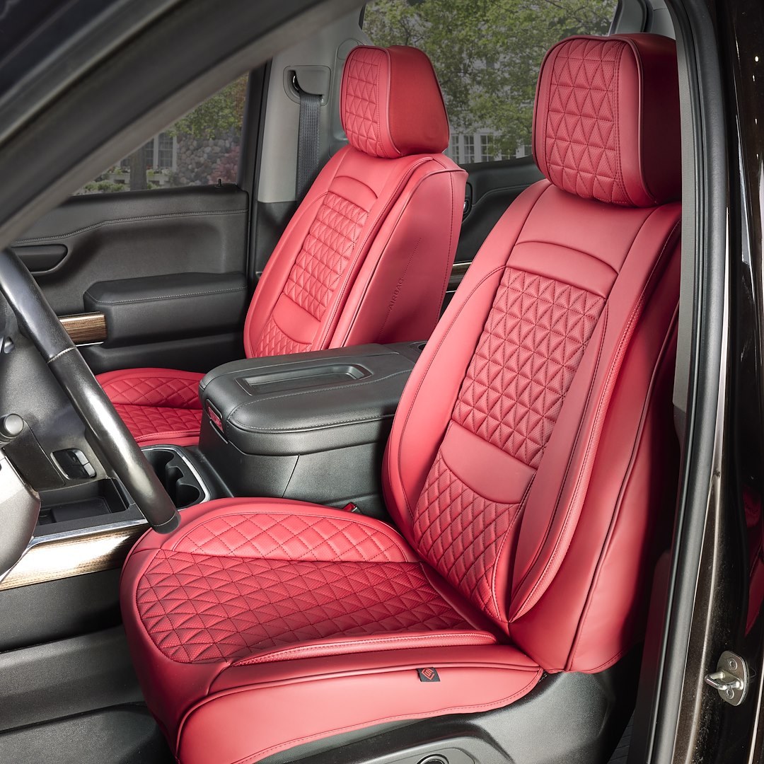 Seat Cvr Sol Seat Cover, Luxury, Bucket with Adjustable Headrests, Diamond Perforation Design, Leather with Memory Foam, Wine Red, Set of 2 – FFFWR