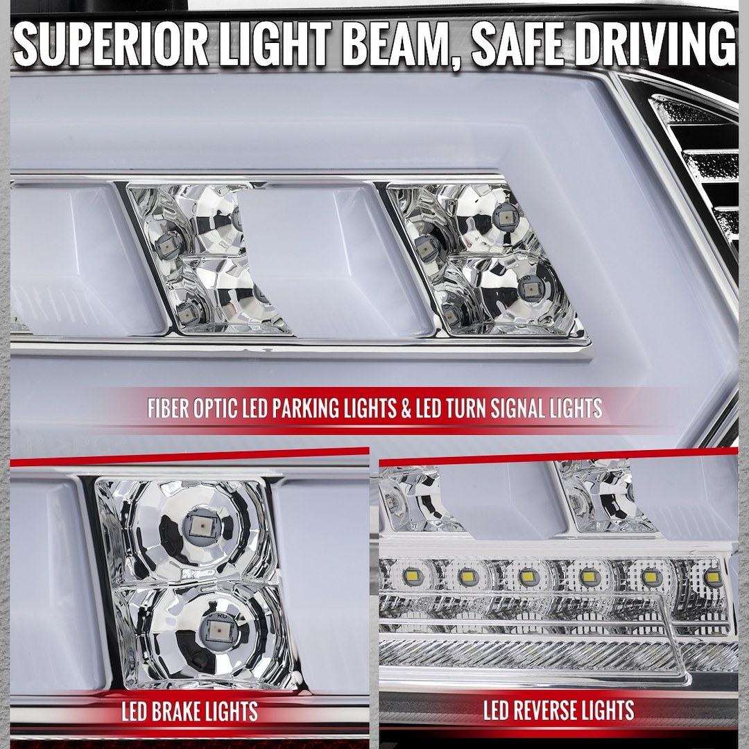 Spec-D Tunin Tail Light Assembly, Clear Lens with Reflex Reflector, Chrome ABS Plastic Housing, LED Bulb – LT-CMR14CLED-SQ-TM